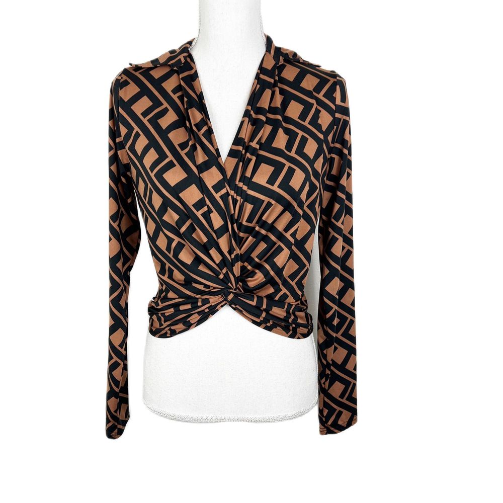 Privy Blouse Women Medium Brown Black Long Sleeve Twist Front Cropped Casual